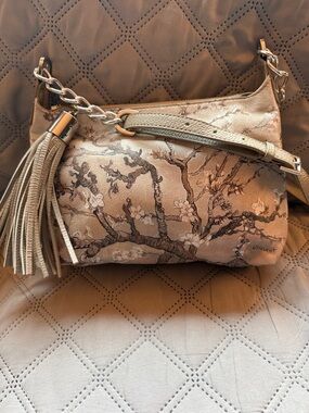 Icon Floral-Print Beige Leather Crossbody with Tassel